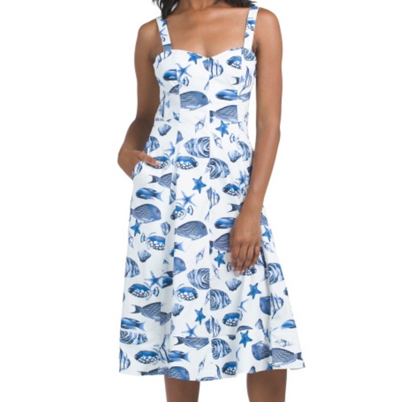 AVEC LES FILLES Corset Style Fish Printed Midi Dress - Picture 1 of 2